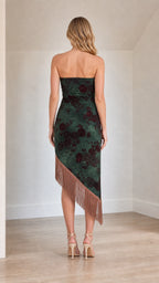Back view of green strapless velvet midi dress