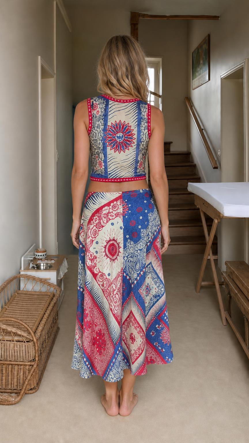 Back view of model showcasing the back of the blue crop top and skirt