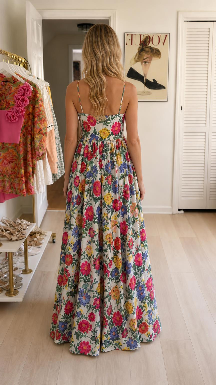Back view of white floral maxi dress