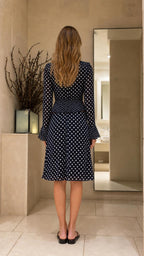 Back view of Navy Blue polka dot matching set