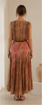 Back view of the flowing printed sleeveless midi dress