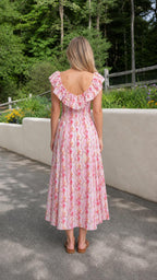 Back view of pink floral midi dress