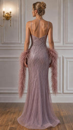 Model wearing mauve evening gown back view