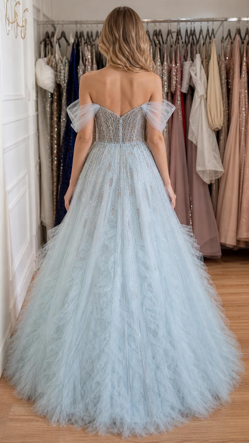 Back view of light blue ball gown with detailed bodice