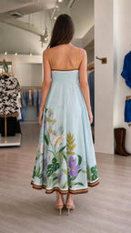 Back view of light blue floral maxi dress