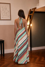 Back view of woman showing halter tie-back and open back