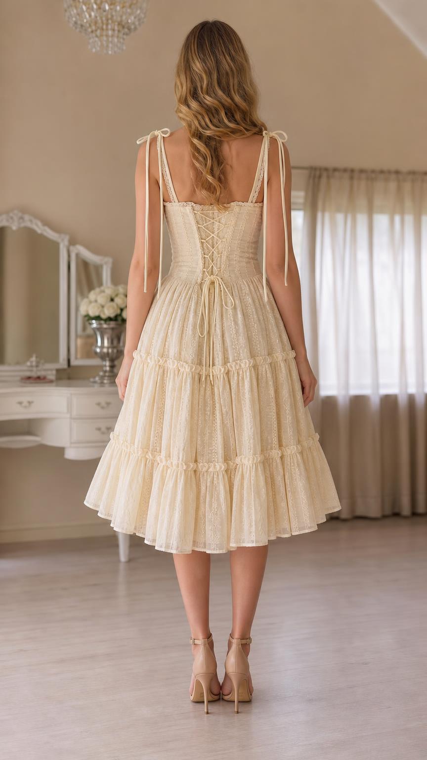 Back view showing lace-up corset detail on cream midi dress