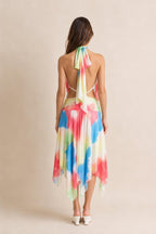 Back view showing halter neck tie and open back details