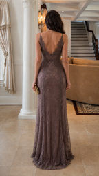 Back view of taupe lace evening dress with low V back and flared hem