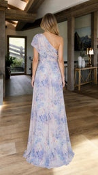 Back view of blue multi floral one-shoulder evening gown