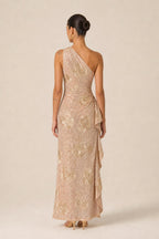 Back view of champagne one-shoulder evening gown