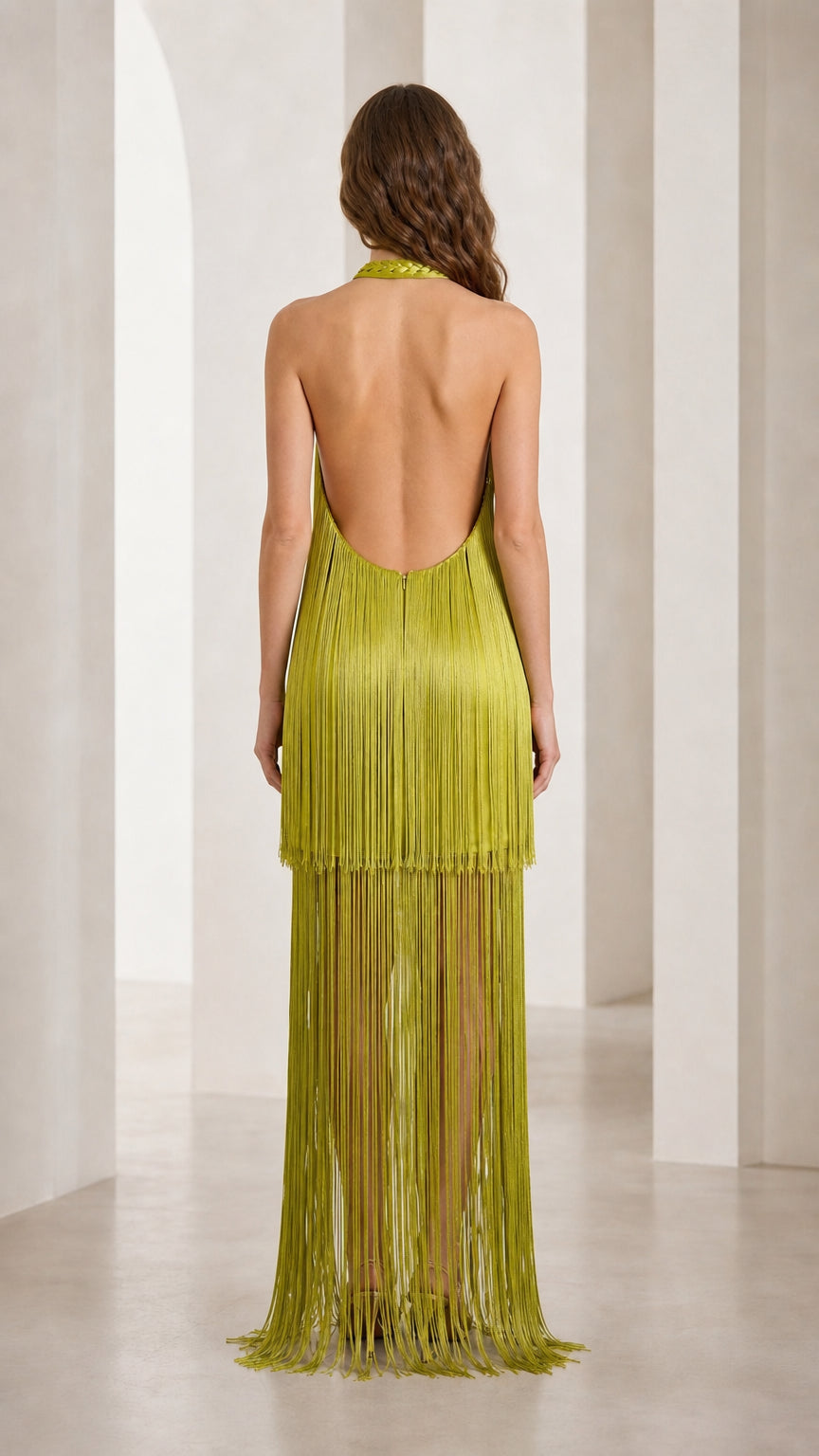 Back view showing open back design of olive green fringe dress
