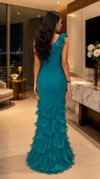 Back view of teal floor-length mermaid dress with one-shoulder ruffle detail