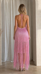 Back view showing open back of pink fringe maxi dress