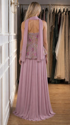 Back view of mauve gown showing flowing chiffon skirt