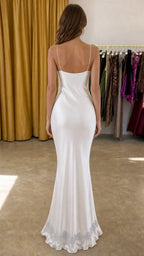 Back view of white satin maxi dress with delicate straps