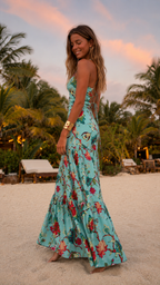 Angled side view of aqua floral sleeveless maxi dress with floral print