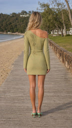 Back view of Sage Green one-shoulder knit dress on model