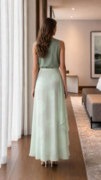 Model in sage green set back view