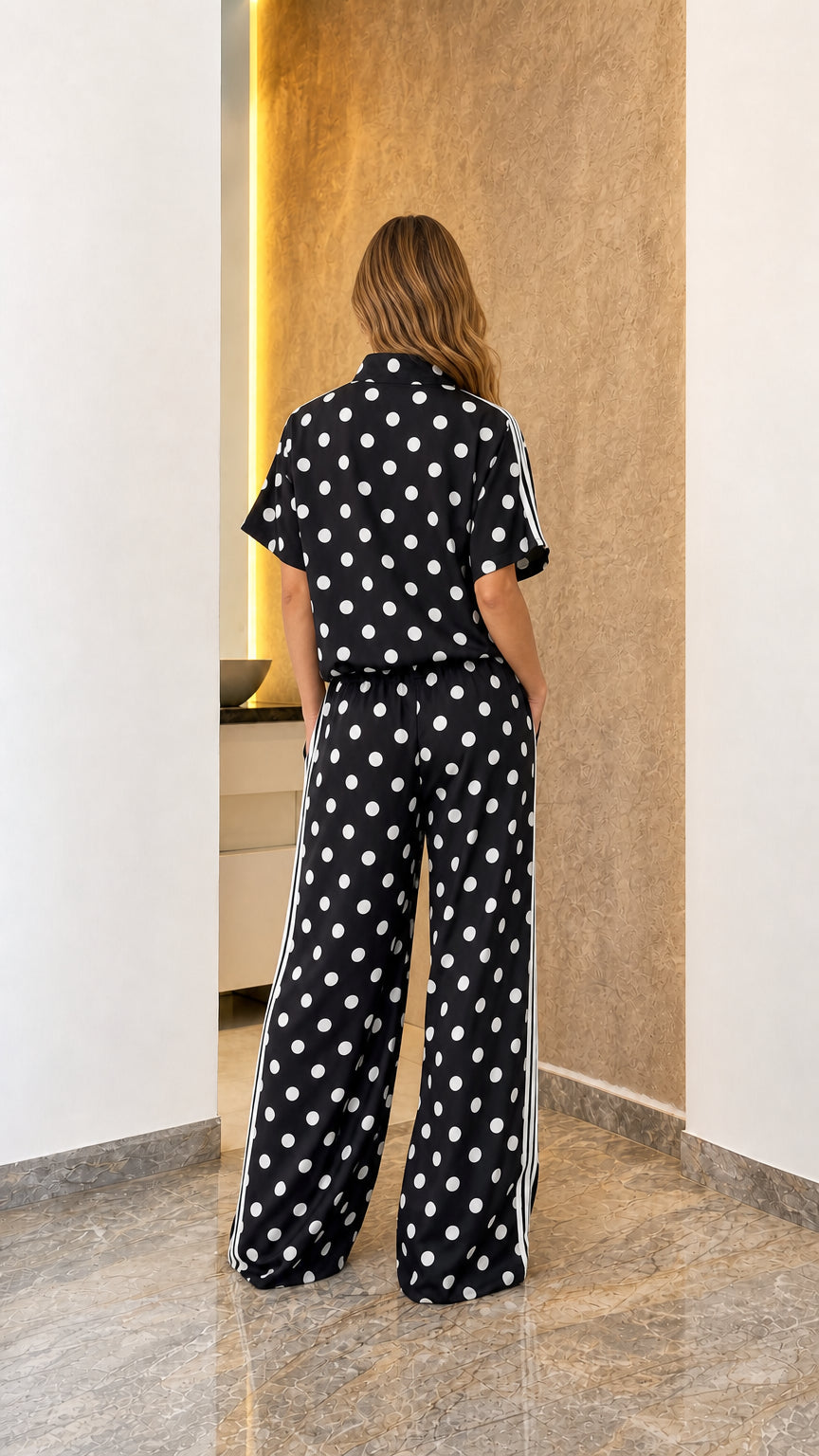 Model wearing black polka dot track set, back view