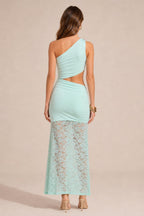 Back view of mint one-shoulder cutout lace maxi dress