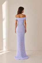 Back view of lavender off-the-shoulder evening gown