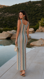 Back view of sky blue zigzag body-skimming maxi dress