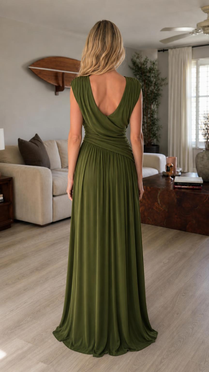 Back view of model showcasing back neckline of olive green maxi dress