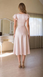Back view of pink satin midi dress