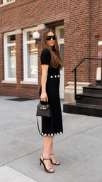 Black floral trim sweater midi dress side view with short sleeves and midi length