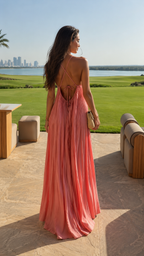Back view of blush pink open back pleated maxi dress
