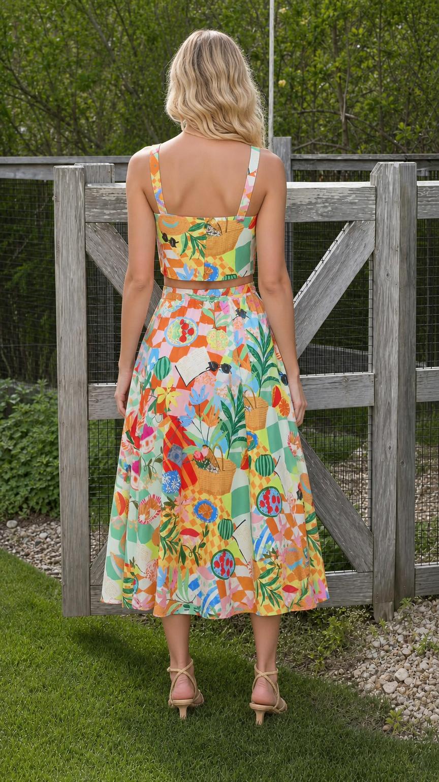 Back view of model showcasing square-neck crop top and midi skirt