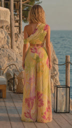 Yellow floral two-piece set shown from the back