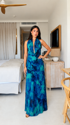 Blue tie-dye sleeveless maxi dress front view with full-length silhouette
