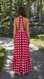 Back view showcasing halter cut and open back detail