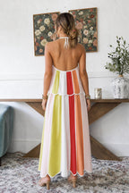 Model wearing multicolor maxi dress back view