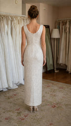 Back view of ivory sequin evening column dress
