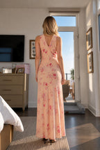 Back view of peach floral maxi dress