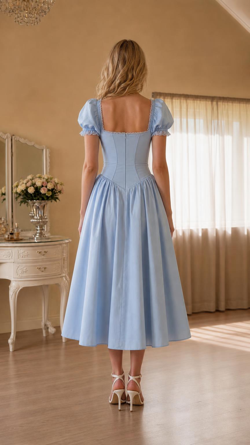 Back view of light blue corset midi dress