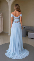 Back view of light blue maxi dress showing back lace detailing