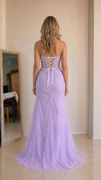 Back view showing corset lacing on lavender evening gown