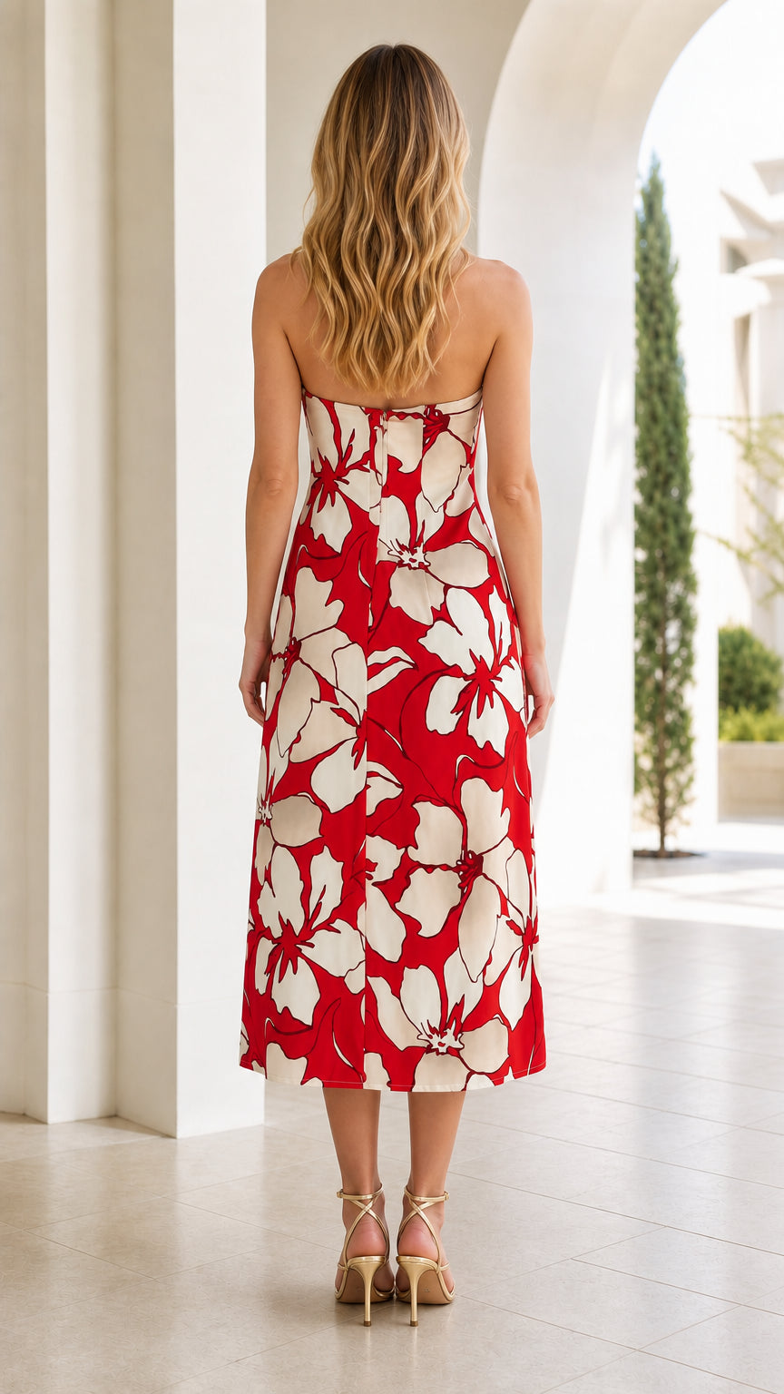 Back view of woman in red and white floral strapless midi dress
