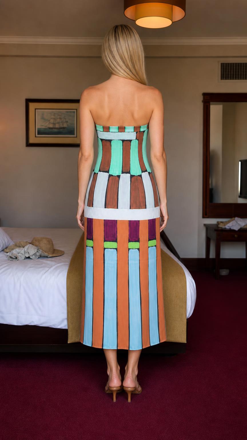Back view showcasing smocked elastic band and stripe pattern