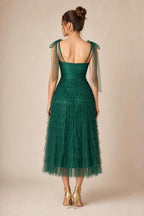 Ethereal Tiered Tulle Midi Dress in Emerald Green back view