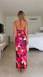 Back view showcasing open back and halter ties