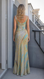 Back view of model in blue printed corset maxi dress