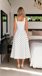 Back view of woman in white polka dot midi dress