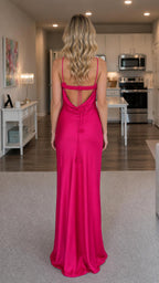 Back view of hot pink satin maxi slip dress with open back