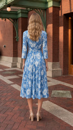 Back view of model in blue floral pleated midi dress