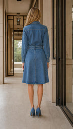 Back view of blue denim shirt dress